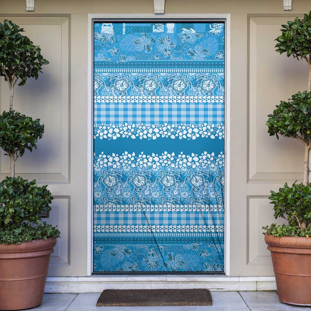 Hawaiian Hibiscus Honu Door Cover Blue Mele Kalikimaka Palaka Spirit - Polynesian Pride
