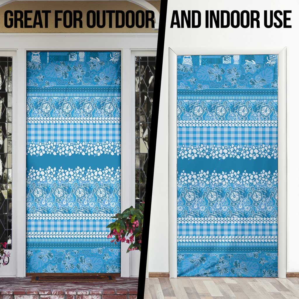 Hawaiian Hibiscus Honu Door Cover Blue Mele Kalikimaka Palaka Spirit - Polynesian Pride