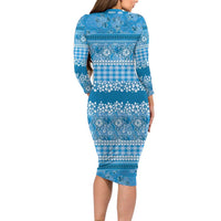 Hawaiian Hibiscus Honu Family Matching Long Sleeve Bodycon Dress and Hawaiian Shirt Blue Mele Kalikimaka Palaka Spirit - Polynesian Pride