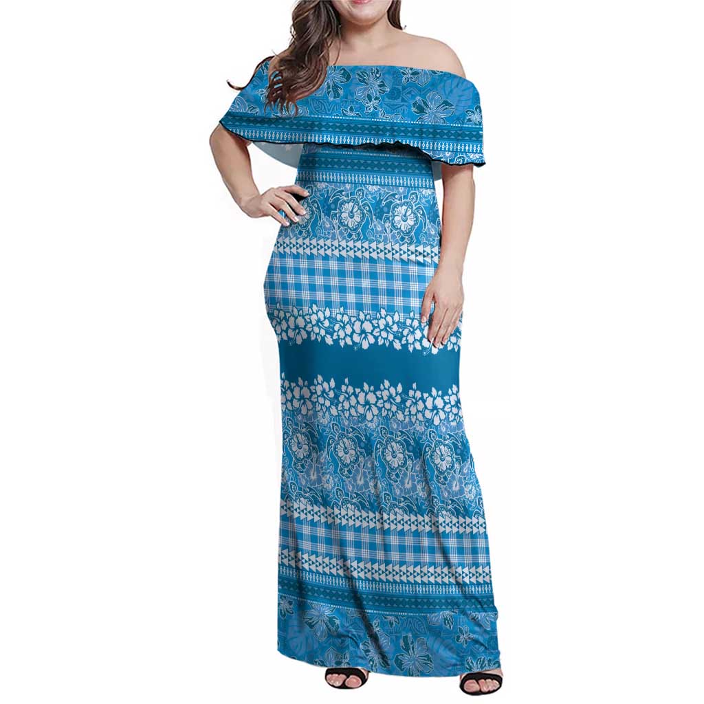 Hawaiian Hibiscus Honu Family Matching Off Shoulder Maxi Dress and Hawaiian Shirt Blue Mele Kalikimaka Palaka Spirit - Polynesian Pride