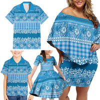 Hawaiian Hibiscus Honu Family Matching Off Shoulder Short Dress and Hawaiian Shirt Blue Mele Kalikimaka Palaka Spirit - Polynesian Pride