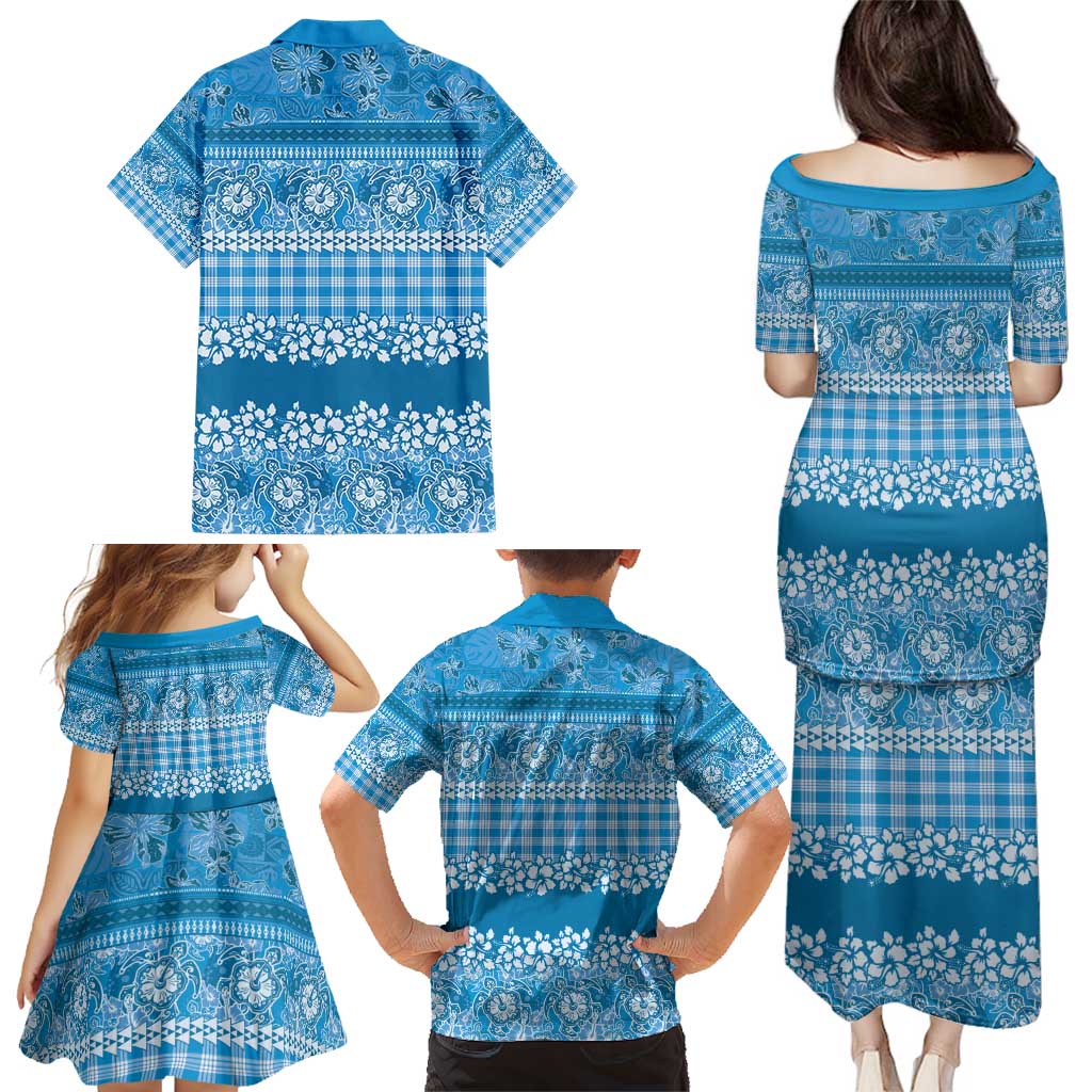 Hawaiian Hibiscus Honu Family Matching Puletasi and Hawaiian Shirt Blue Mele Kalikimaka Palaka Spirit - Polynesian Pride