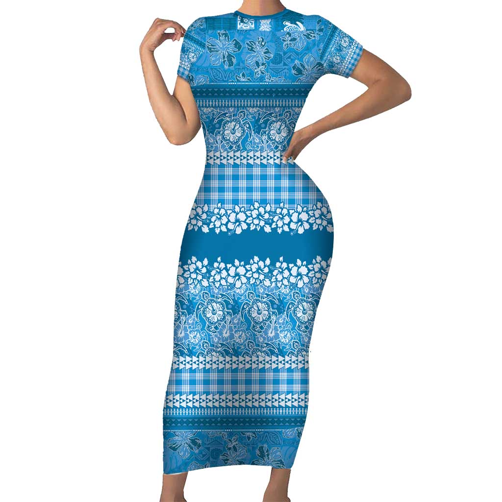 Hawaiian Hibiscus Honu Family Matching Short Sleeve Bodycon Dress and Hawaiian Shirt Blue Mele Kalikimaka Palaka Spirit - Polynesian Pride
