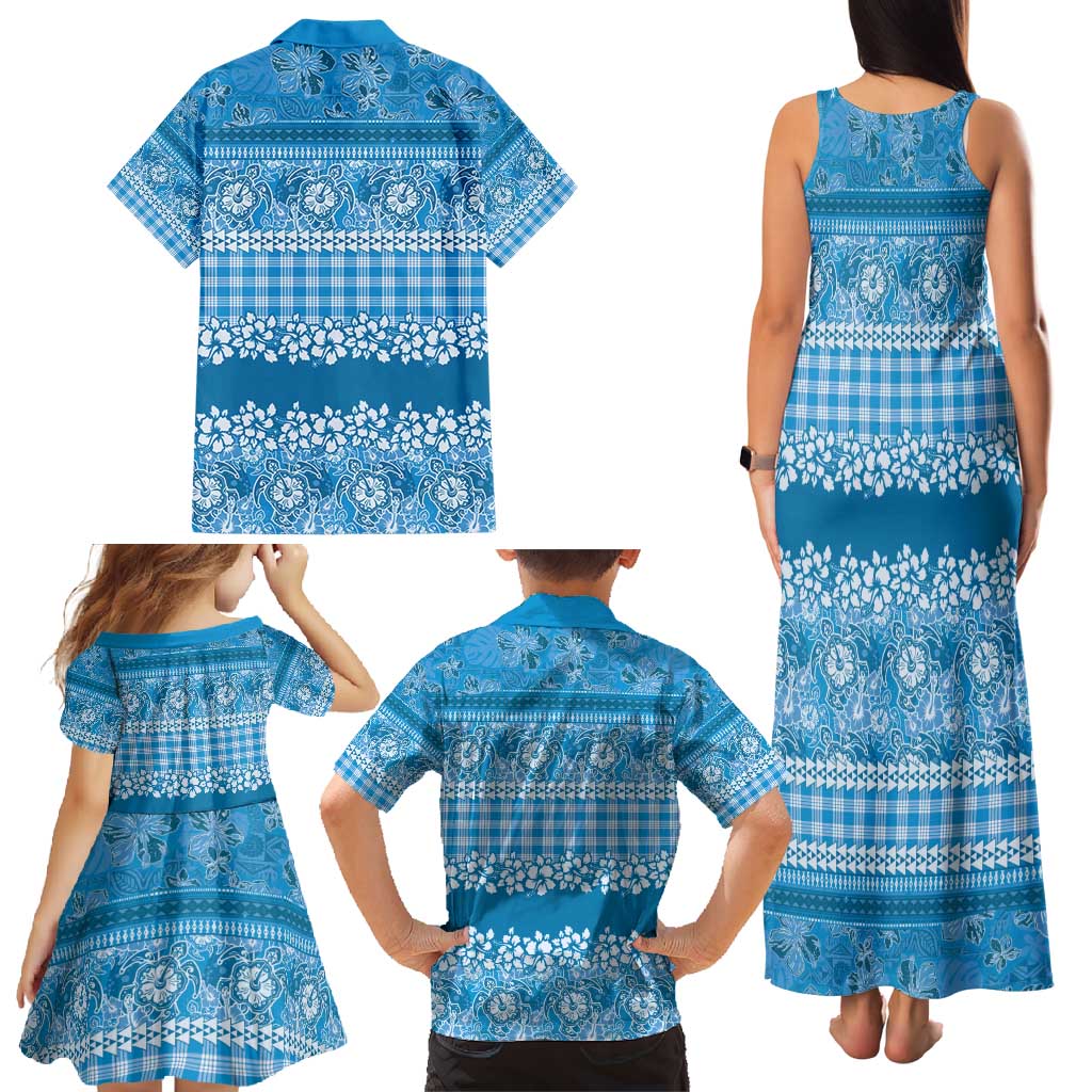 Hawaiian Hibiscus Honu Family Matching Tank Maxi Dress and Hawaiian Shirt Blue Mele Kalikimaka Palaka Spirit - Polynesian Pride