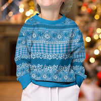 Hawaiian Hibiscus Honu Kid Ugly Christmas Sweater Blue Mele Kalikimaka Palaka Spirit - Polynesian Pride