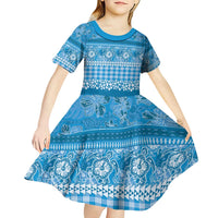 Hawaiian Hibiscus Honu Kid Short Sleeve Dress Blue Mele Kalikimaka Palaka Spirit - Polynesian Pride