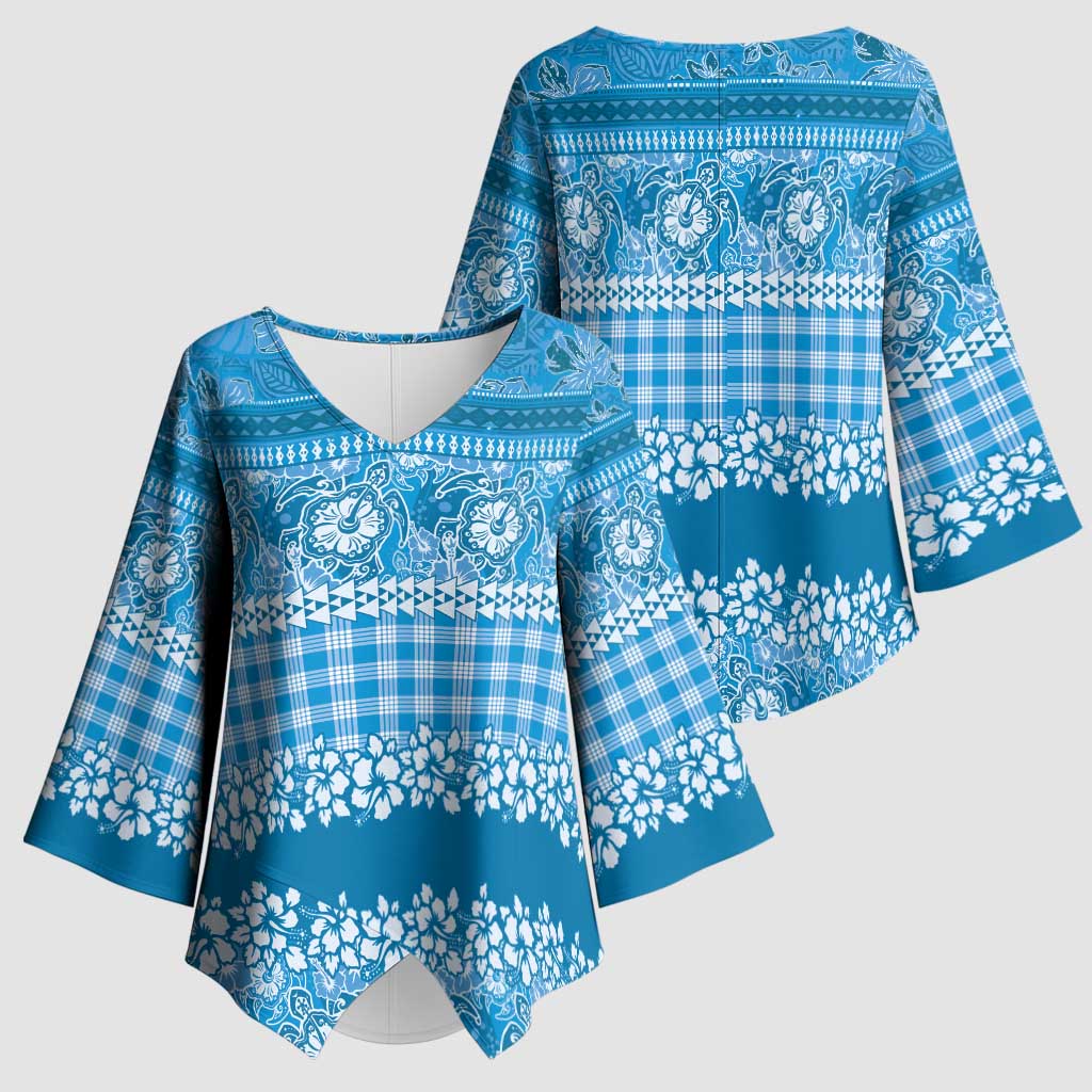 Hawaiian Hibiscus Honu Kimono Sleeve Blouse Blue Mele Kalikimaka Palaka Spirit - Polynesian Pride