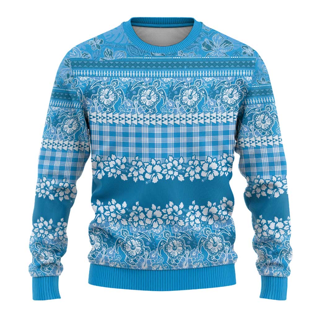Hawaiian Hibiscus Honu Ugly Christmas Sweater Blue Mele Kalikimaka Palaka Spirit - Polynesian Pride