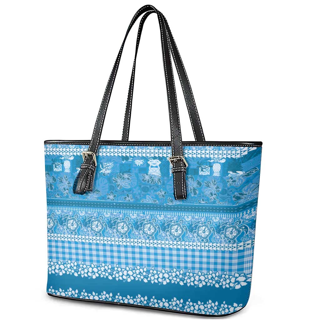 Hawaiian Hibiscus Honu Leather Tote Bag Blue Mele Kalikimaka Palaka Spirit - Polynesian Pride