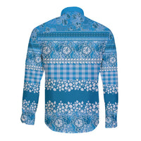 Hawaiian Hibiscus Honu Long Sleeve Button Shirt Blue Mele Kalikimaka Palaka Spirit - Polynesian Pride