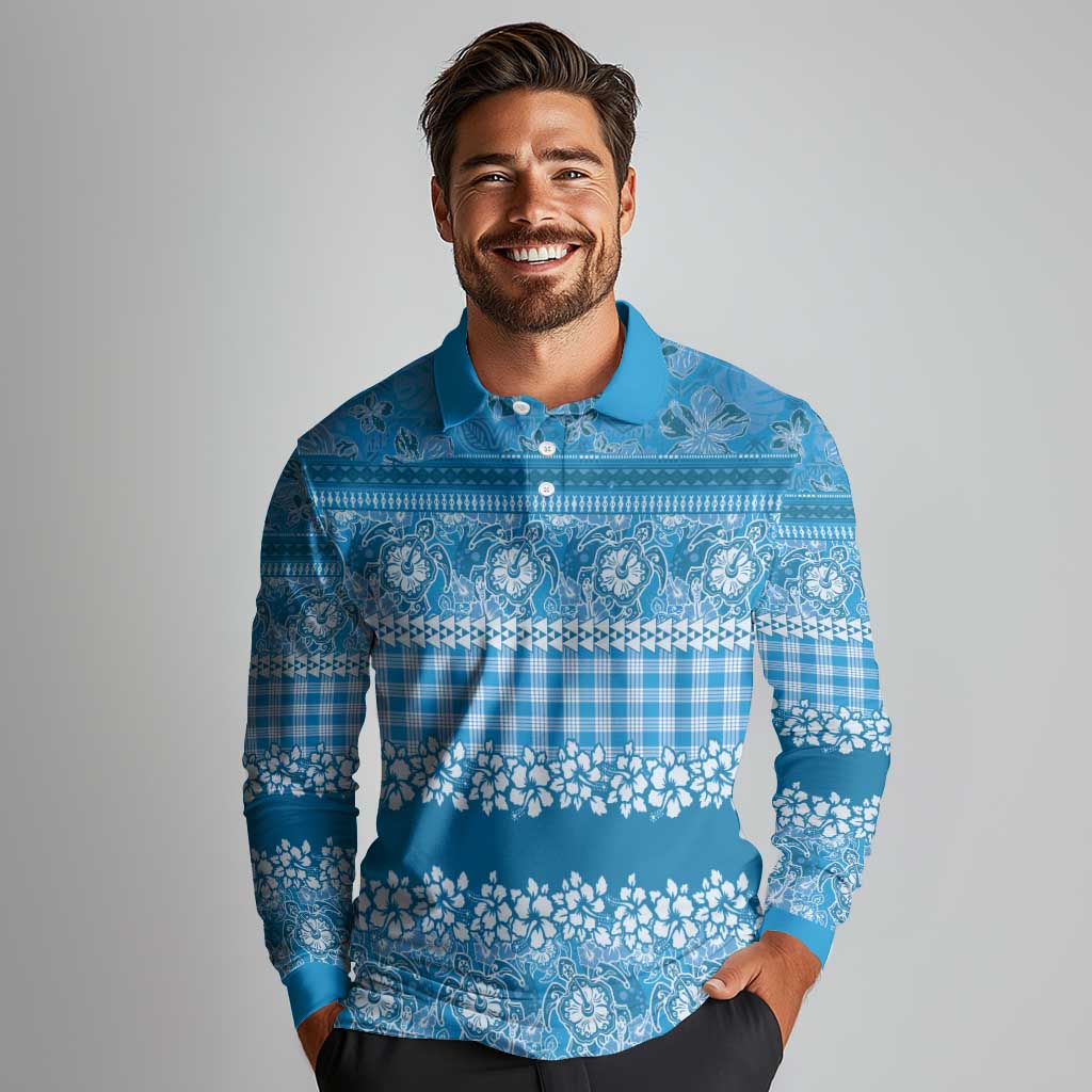 Hawaiian Hibiscus Honu Long Sleeve Polo Shirt Blue Mele Kalikimaka Palaka Spirit - Polynesian Pride