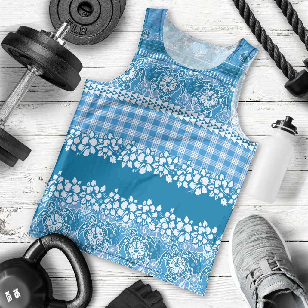 Hawaiian Hibiscus Honu Men Tank Top Blue Mele Kalikimaka Palaka Spirit - Polynesian Pride