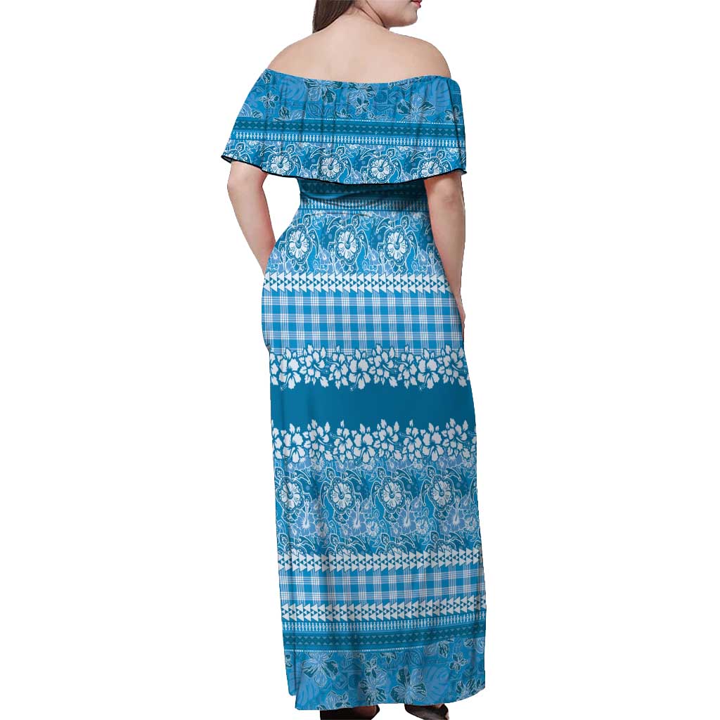 Hawaiian Hibiscus Honu Off Shoulder Maxi Dress Blue Mele Kalikimaka Palaka Spirit - Polynesian Pride