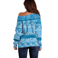 Hawaiian Hibiscus Honu Off Shoulder Sweater Blue Mele Kalikimaka Palaka Spirit - Polynesian Pride