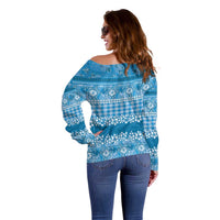 Hawaiian Hibiscus Honu Off Shoulder Sweater Blue Mele Kalikimaka Palaka Spirit - Polynesian Pride