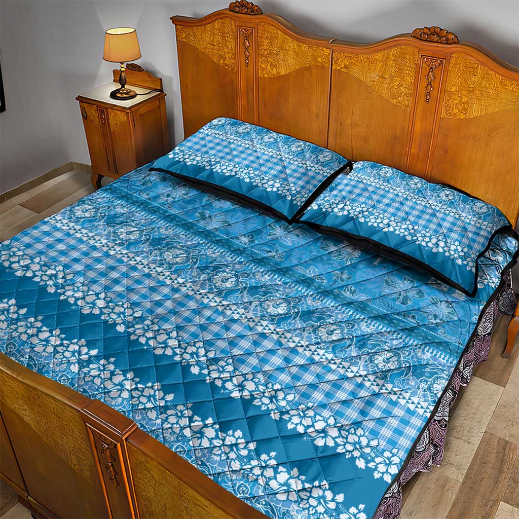 Hawaiian Hibiscus Honu Quilt Bed Set Blue Mele Kalikimaka Palaka Spirit - Polynesian Pride