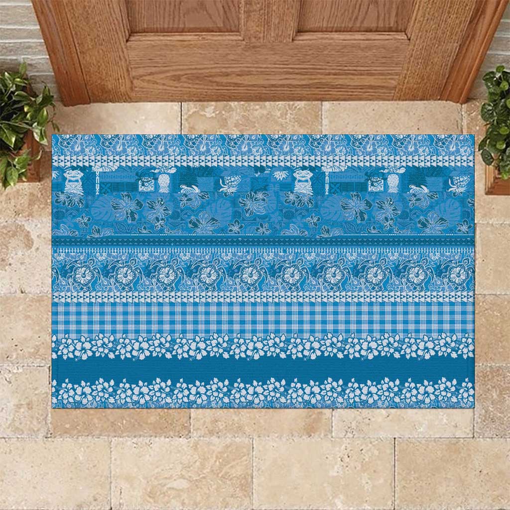 Hawaiian Hibiscus Honu Rubber Doormat Blue Mele Kalikimaka Palaka Spirit - Polynesian Pride