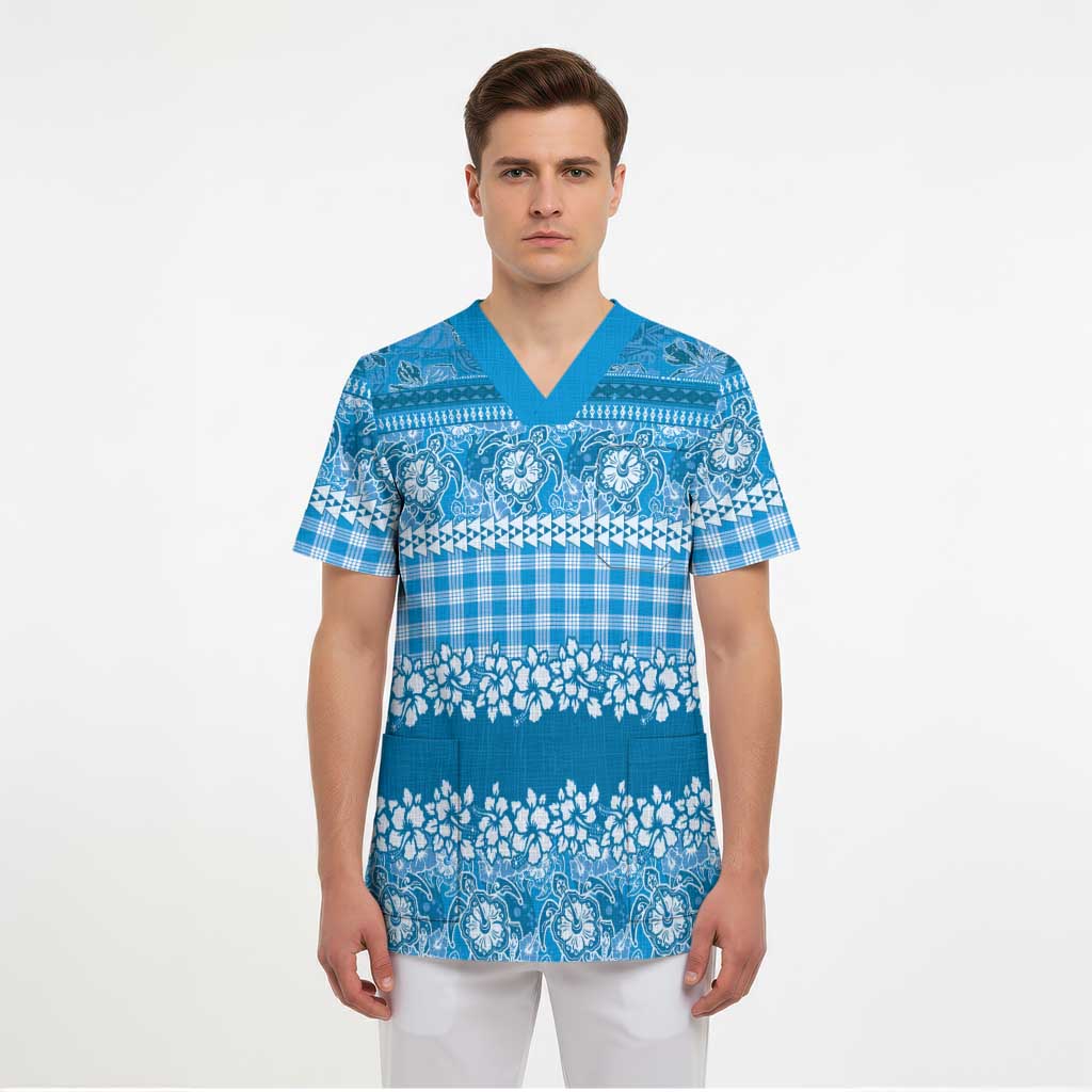 Hawaiian Hibiscus Honu Scrub Top Blue Mele Kalikimaka Palaka Spirit - Polynesian Pride