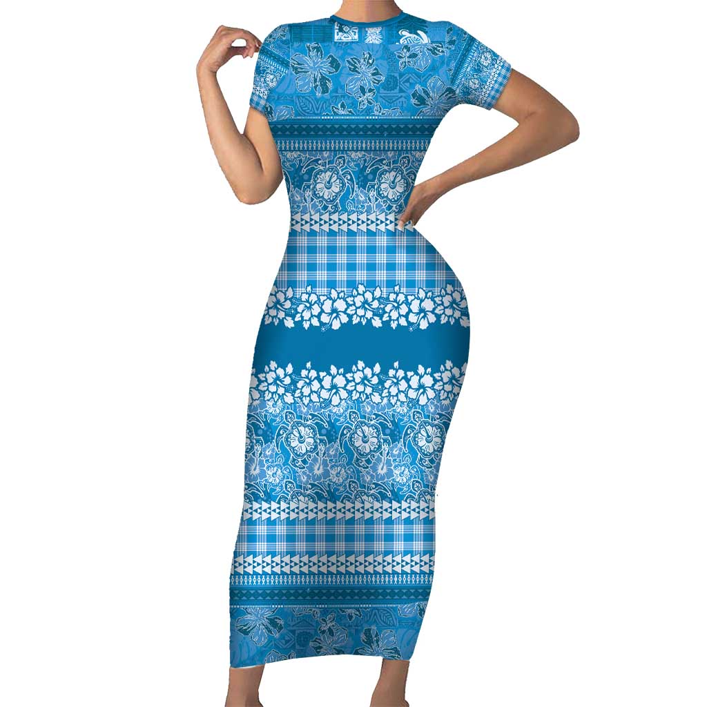 Hawaiian Hibiscus Honu Short Sleeve Bodycon Dress Blue Mele Kalikimaka Palaka Spirit - Polynesian Pride