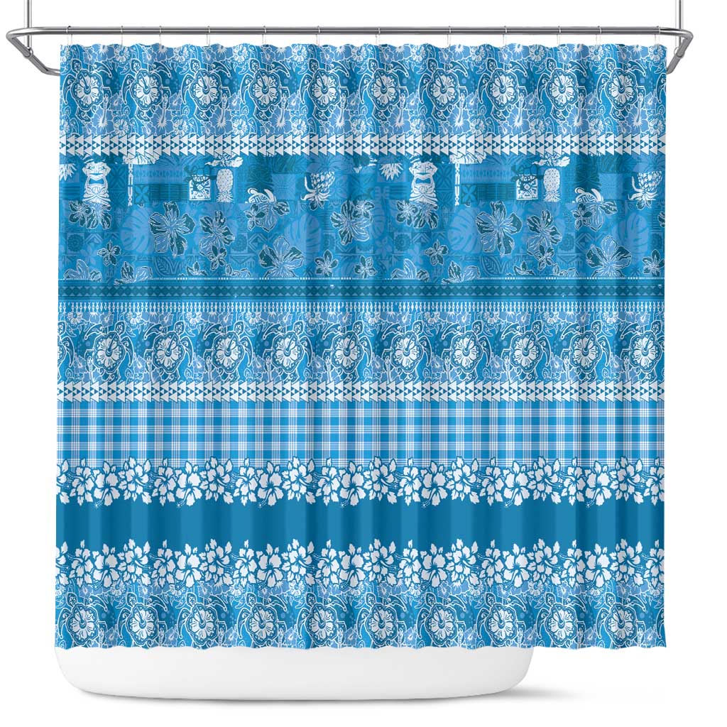 Hawaiian Hibiscus Honu Shower Curtain Blue Mele Kalikimaka Palaka Spirit - Polynesian Pride
