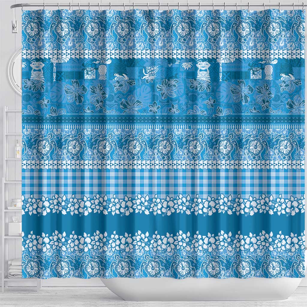 Hawaiian Hibiscus Honu Shower Curtain Blue Mele Kalikimaka Palaka Spirit - Polynesian Pride