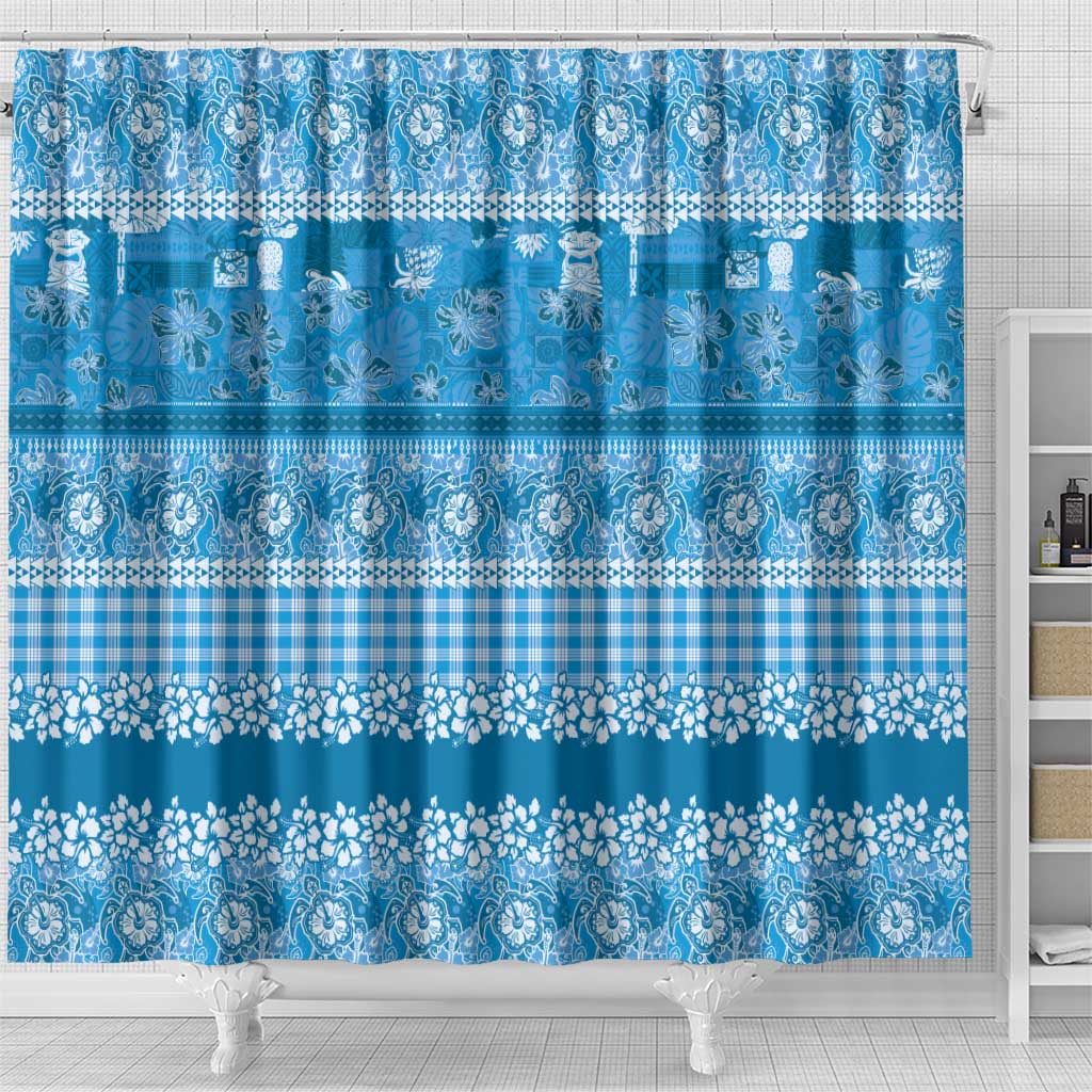 Hawaiian Hibiscus Honu Shower Curtain Blue Mele Kalikimaka Palaka Spirit - Polynesian Pride