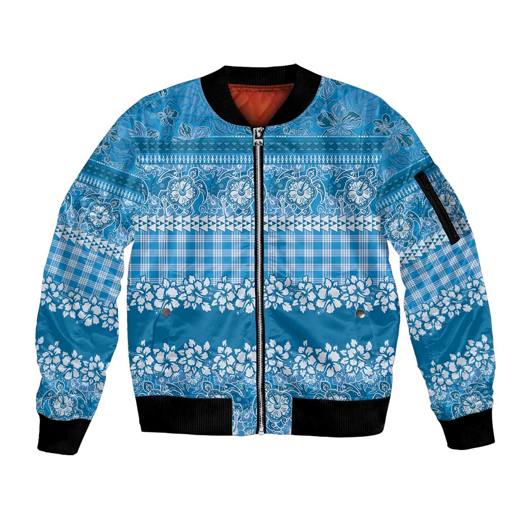 Hawaiian Hibiscus Honu Sleeve Zip Bomber Jacket Blue Mele Kalikimaka Palaka Spirit - Polynesian Pride