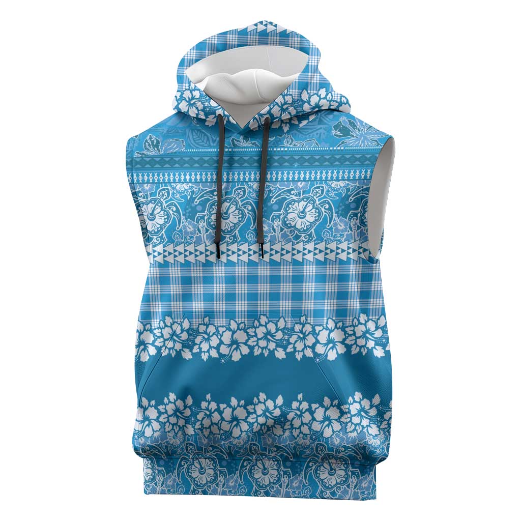 Hawaiian Hibiscus Honu Sleeveless Hoodie Blue Mele Kalikimaka Palaka Spirit - Polynesian Pride