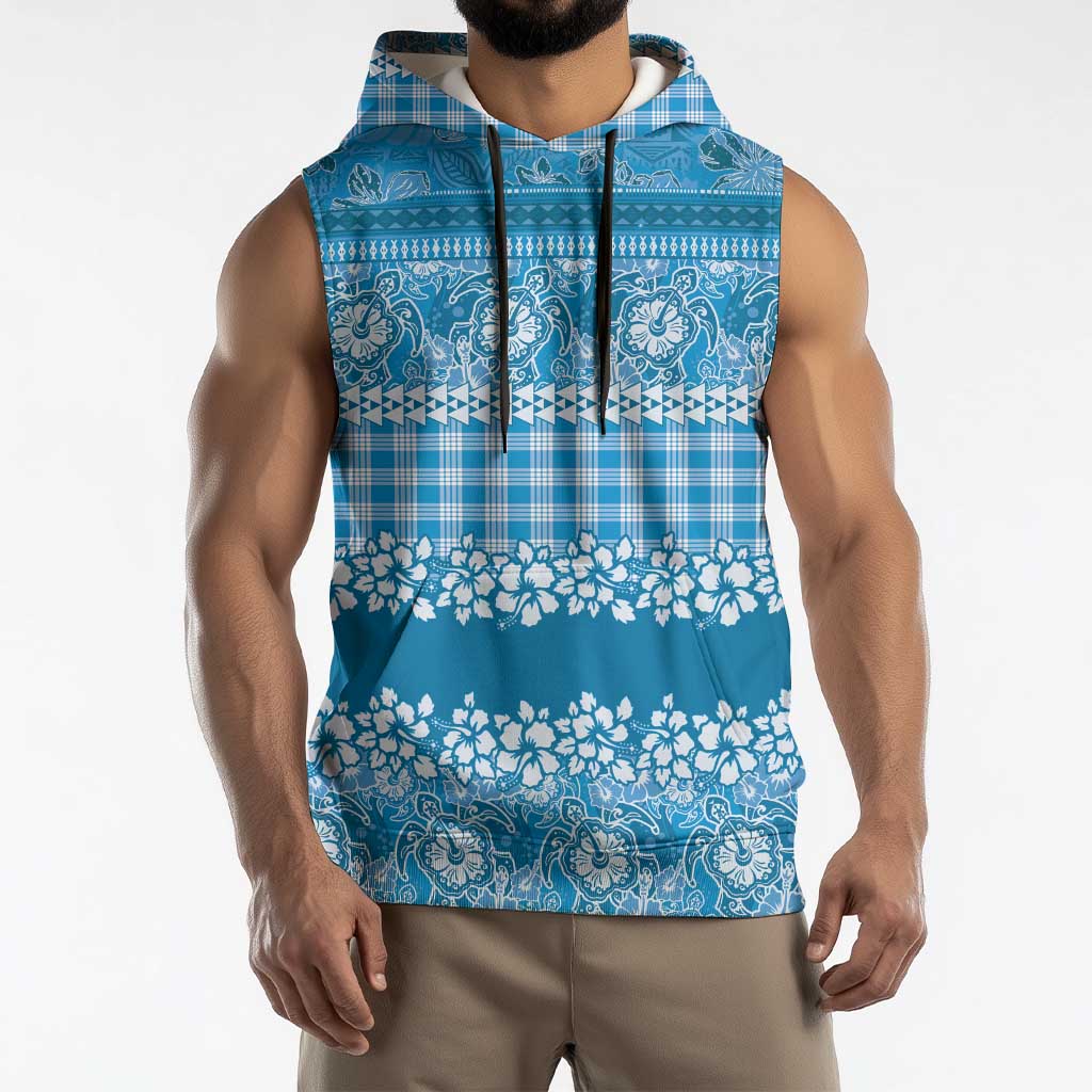 Hawaiian Hibiscus Honu Sleeveless Hoodie Blue Mele Kalikimaka Palaka Spirit - Polynesian Pride
