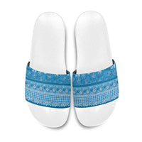 Hawaiian Hibiscus Honu Slide Sandals Blue Mele Kalikimaka Palaka Spirit - Polynesian Pride