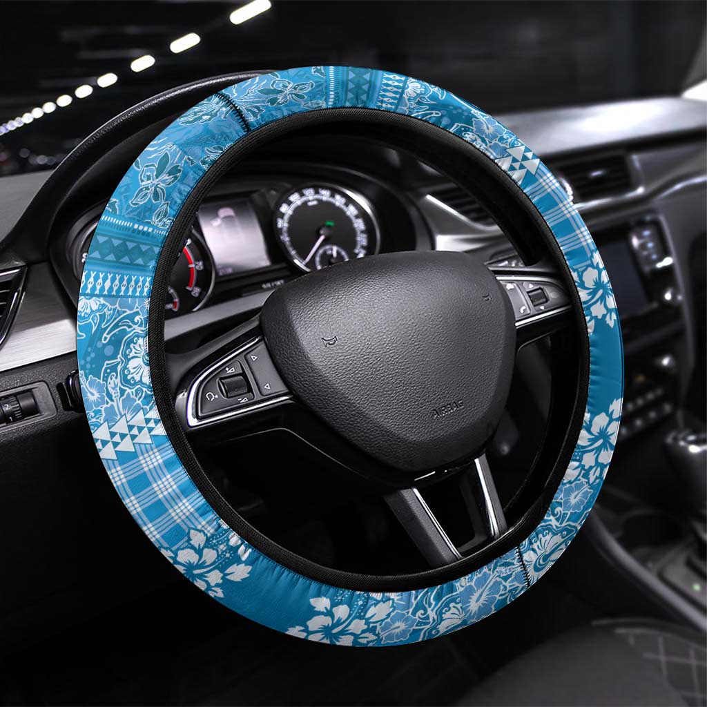 Hawaiian Hibiscus Honu Steering Wheel Cover Blue Mele Kalikimaka Palaka Spirit - Polynesian Pride