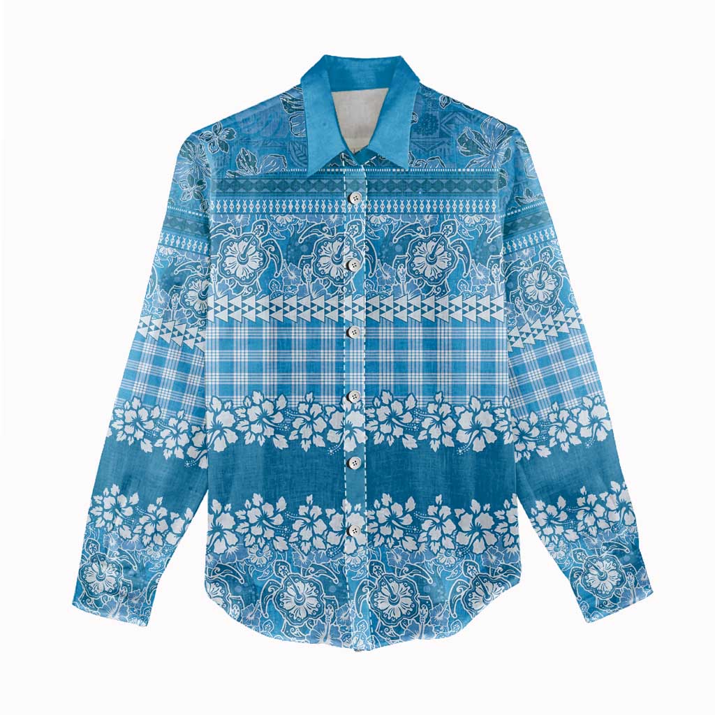 Hawaiian Hibiscus Honu Women Casual Shirt Blue Mele Kalikimaka Palaka Spirit - Polynesian Pride