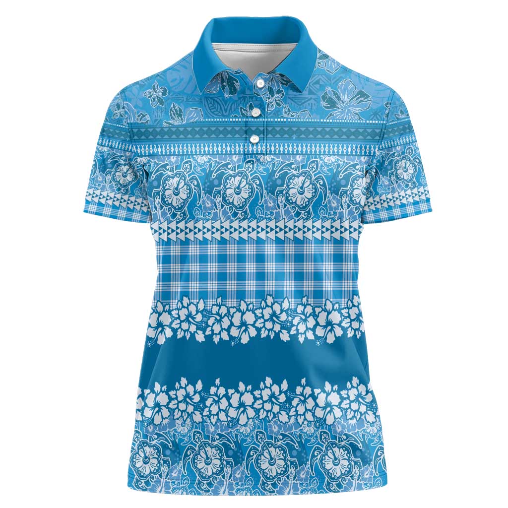 Hawaiian Hibiscus Honu Women Polo Shirt Blue Mele Kalikimaka Palaka Spirit - Polynesian Pride