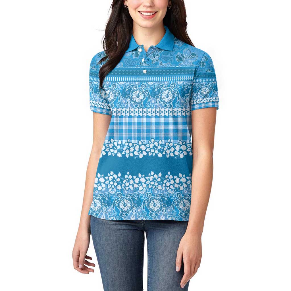 Hawaiian Hibiscus Honu Women Polo Shirt Blue Mele Kalikimaka Palaka Spirit - Polynesian Pride