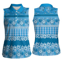 Hawaiian Hibiscus Honu Women Sleeveless Polo Shirt Blue Mele Kalikimaka Palaka Spirit - Polynesian Pride