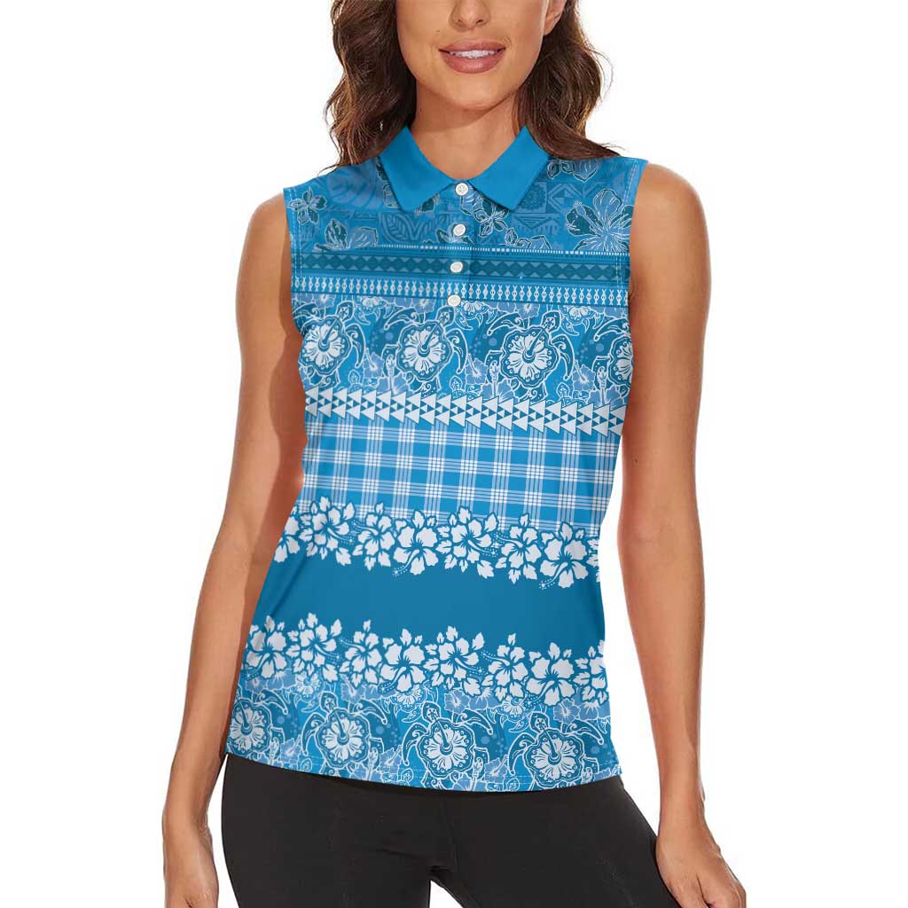 Hawaiian Hibiscus Honu Women Sleeveless Polo Shirt Blue Mele Kalikimaka Palaka Spirit - Polynesian Pride