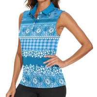 Hawaiian Hibiscus Honu Women Sleeveless Polo Shirt Blue Mele Kalikimaka Palaka Spirit - Polynesian Pride