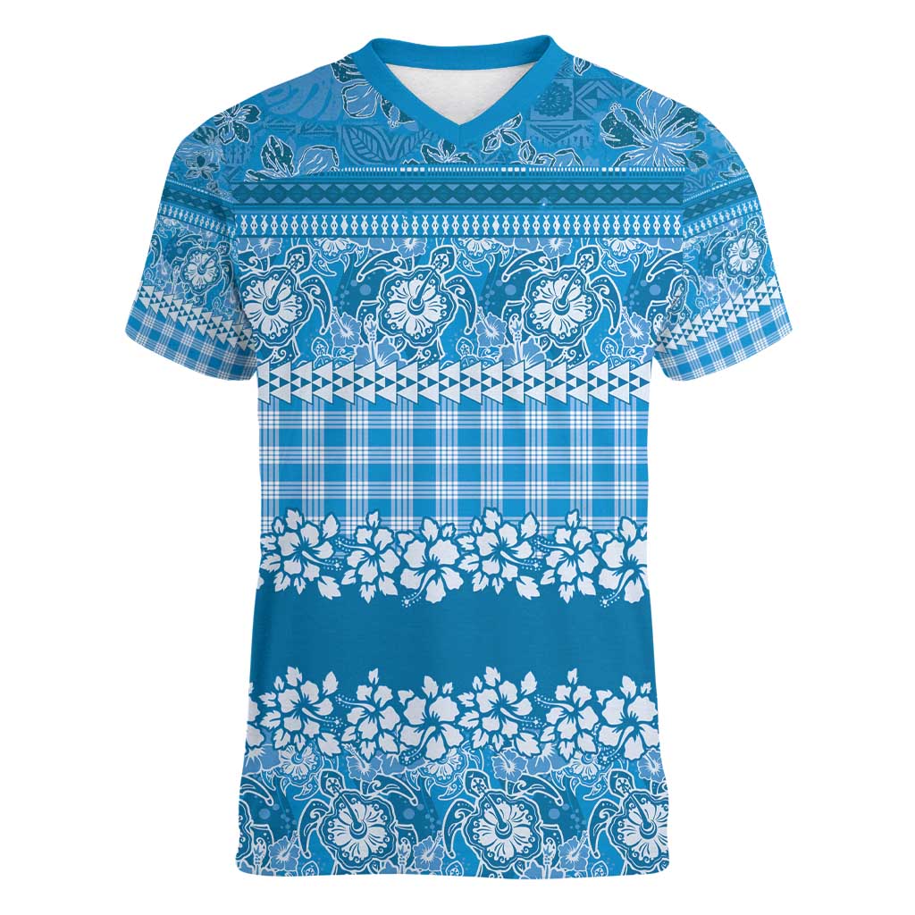Hawaiian Hibiscus Honu Women V-Neck T-Shirt Blue Mele Kalikimaka Palaka Spirit - Polynesian Pride