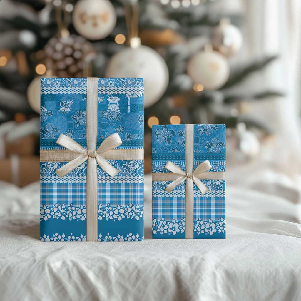 Hawaiian Hibiscus Honu Wrapping Paper Blue Mele Kalikimaka Palaka Spirit - Polynesian Pride