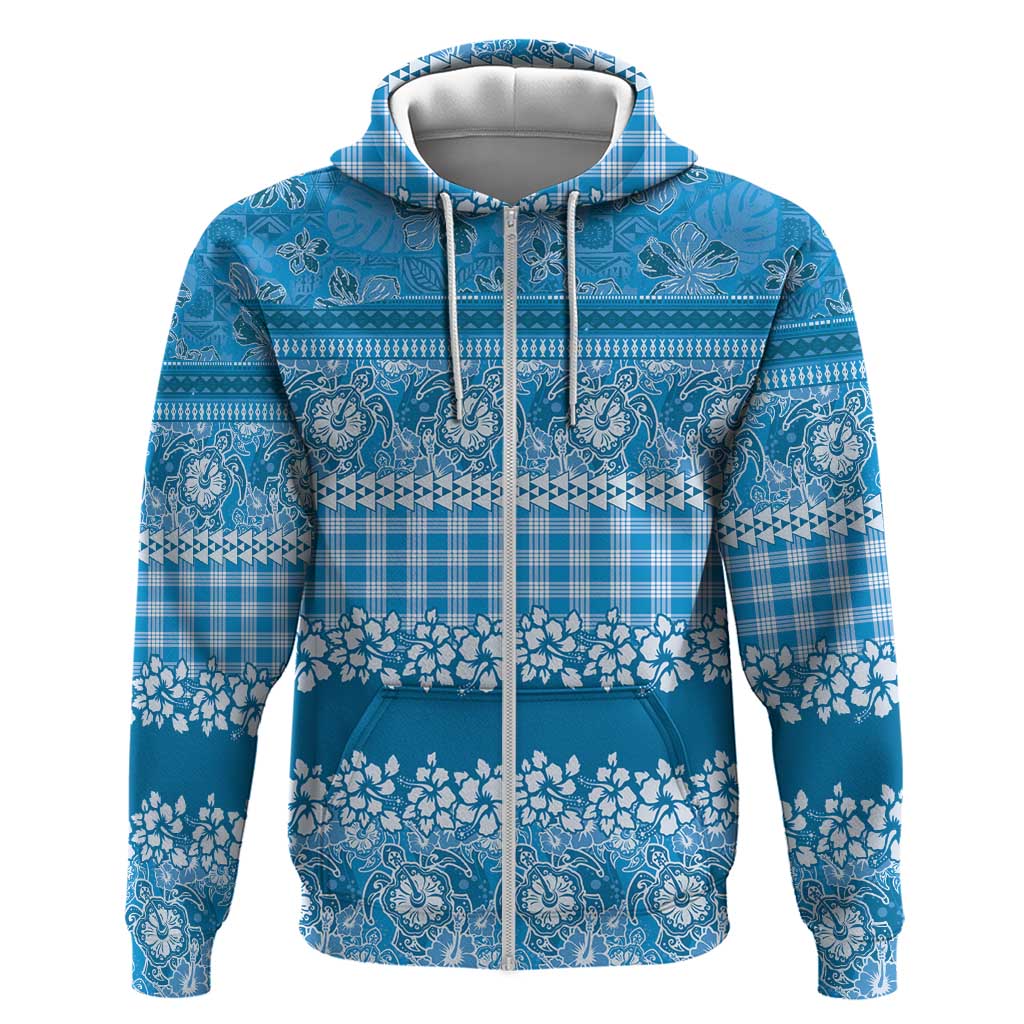 Hawaiian Hibiscus Honu Zip Hoodie Blue Mele Kalikimaka Palaka Spirit - Polynesian Pride