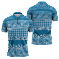 Hawaiian Hibiscus Honu Zipper Polo Shirt Blue Mele Kalikimaka Palaka Spirit - Polynesian Pride
