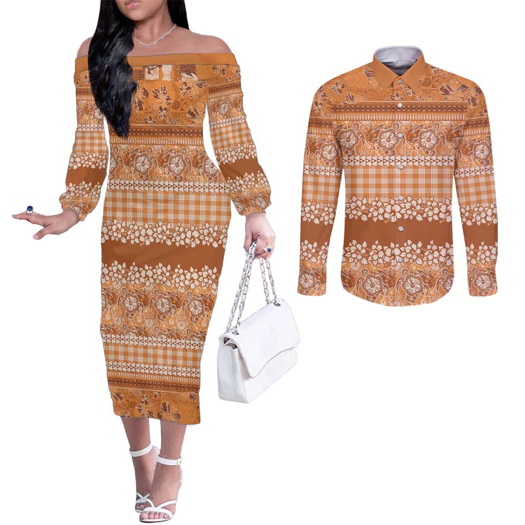 Hawaiian Hibiscus Honu Couples Matching Off The Shoulder Long Sleeve Dress and Long Sleeve Button Shirt Gold Mele Kalikimaka Palaka Spirit - Polynesian Pride