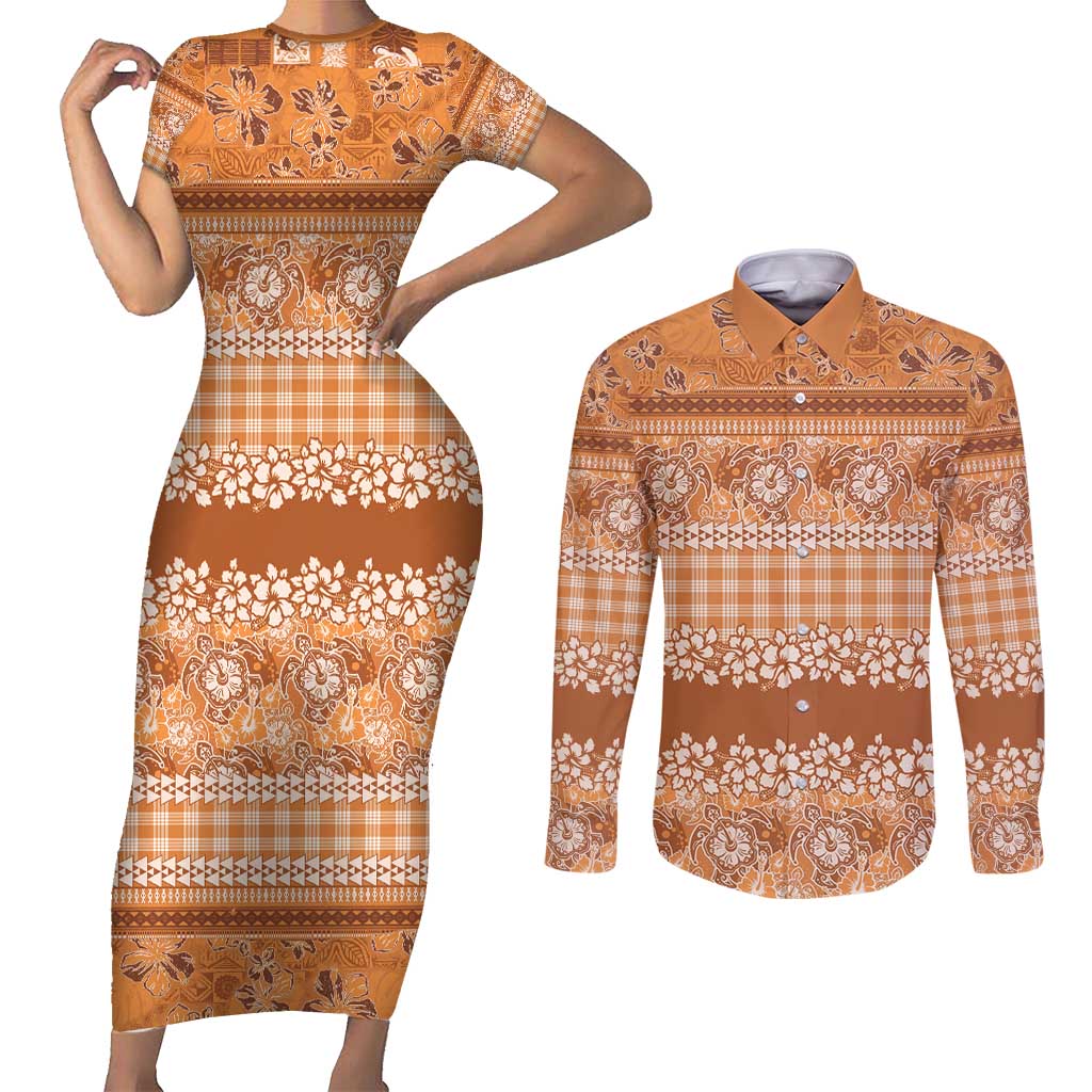 Hawaiian Hibiscus Honu Couples Matching Short Sleeve Bodycon Dress and Long Sleeve Button Shirt Gold Mele Kalikimaka Palaka Spirit - Polynesian Pride