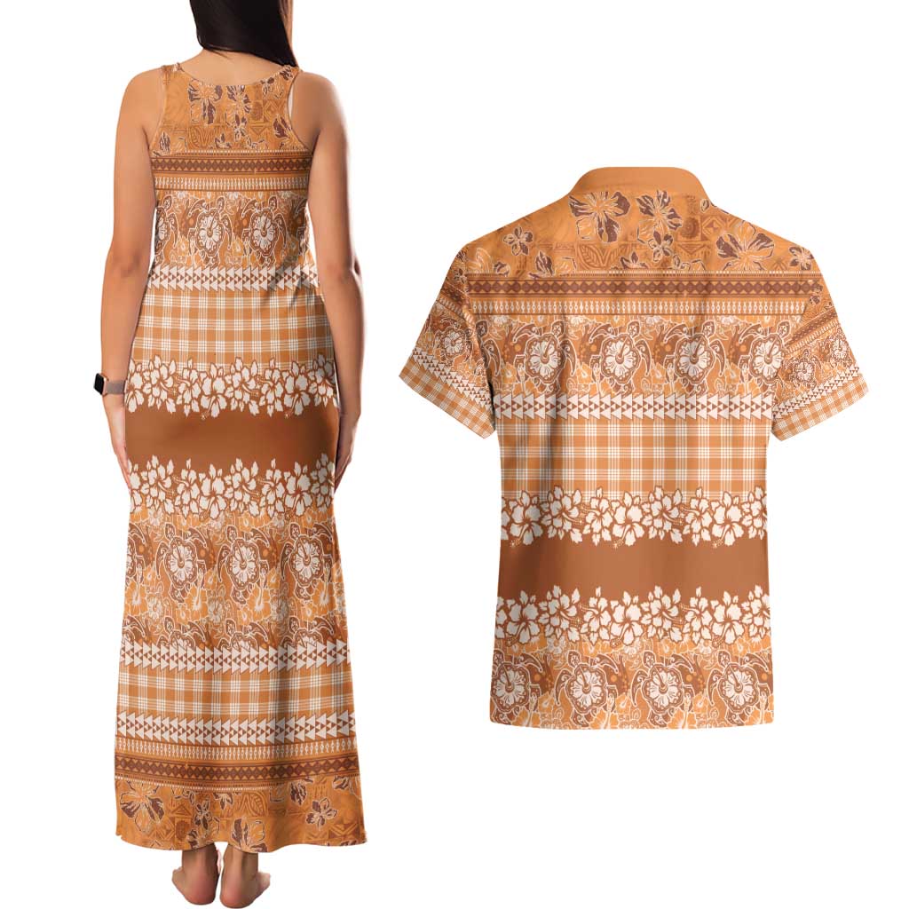 Hawaiian Hibiscus Honu Couples Matching Tank Maxi Dress and Hawaiian Shirt Gold Mele Kalikimaka Palaka Spirit - Polynesian Pride