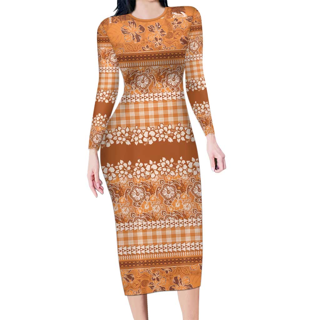 Hawaiian Hibiscus Honu Long Sleeve Bodycon Dress Gold Mele Kalikimaka Palaka Spirit - Polynesian Pride