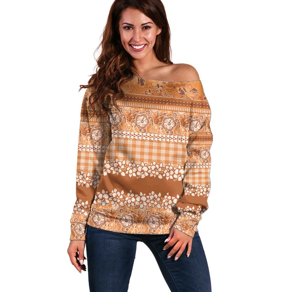 Hawaiian Hibiscus Honu Off Shoulder Sweater Gold Mele Kalikimaka Palaka Spirit - Polynesian Pride