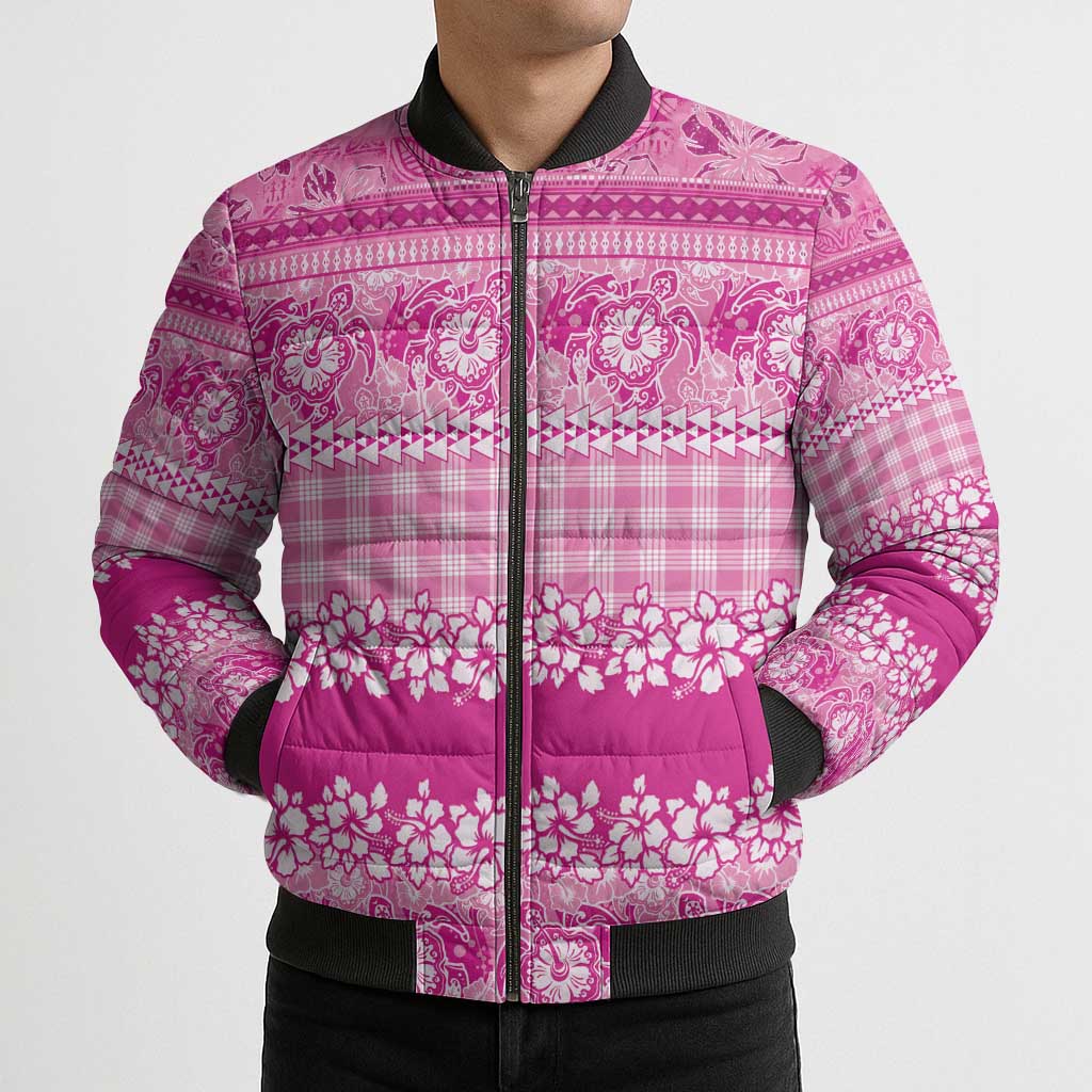 Hawaiian Hibiscus Honu Bomber Puffer Jacket Pink Mele Kalikimaka Palaka Spirit - Polynesian Pride
