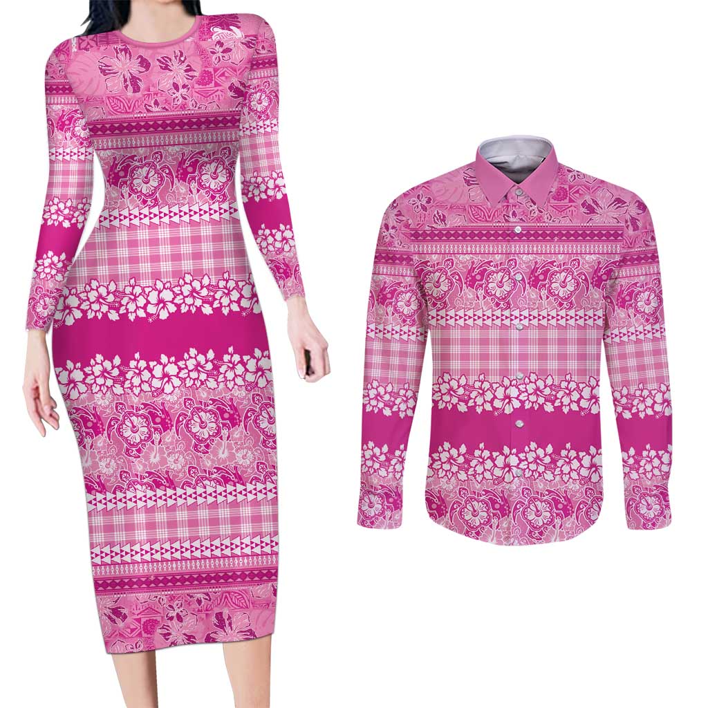 Hawaiian Hibiscus Honu Couples Matching Long Sleeve Bodycon Dress and Long Sleeve Button Shirt Pink Mele Kalikimaka Palaka Spirit - Polynesian Pride