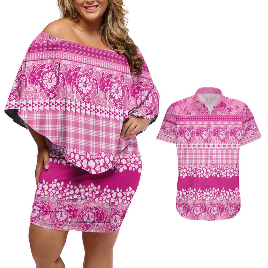 Hawaiian Hibiscus Honu Couples Matching Off Shoulder Short Dress and Hawaiian Shirt Pink Mele Kalikimaka Palaka Spirit - Polynesian Pride