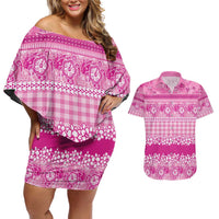 Hawaiian Hibiscus Honu Couples Matching Off Shoulder Short Dress and Hawaiian Shirt Pink Mele Kalikimaka Palaka Spirit - Polynesian Pride
